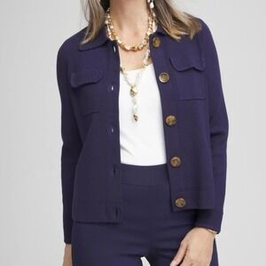 Chico's SZ 3/XL Navy Blue Cardigan Sweater Jacket Button Front Chest Pockets NWT